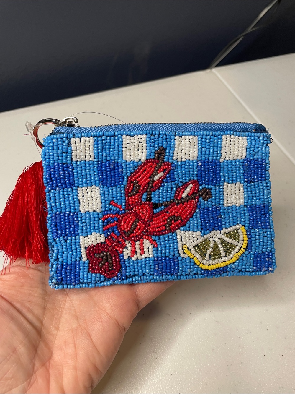 Beaded Blue Lobster Coin Pouch with Red Tassel